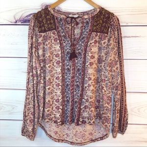 Lucky Brand Beaded Floral Boho Peasant Blouse Top